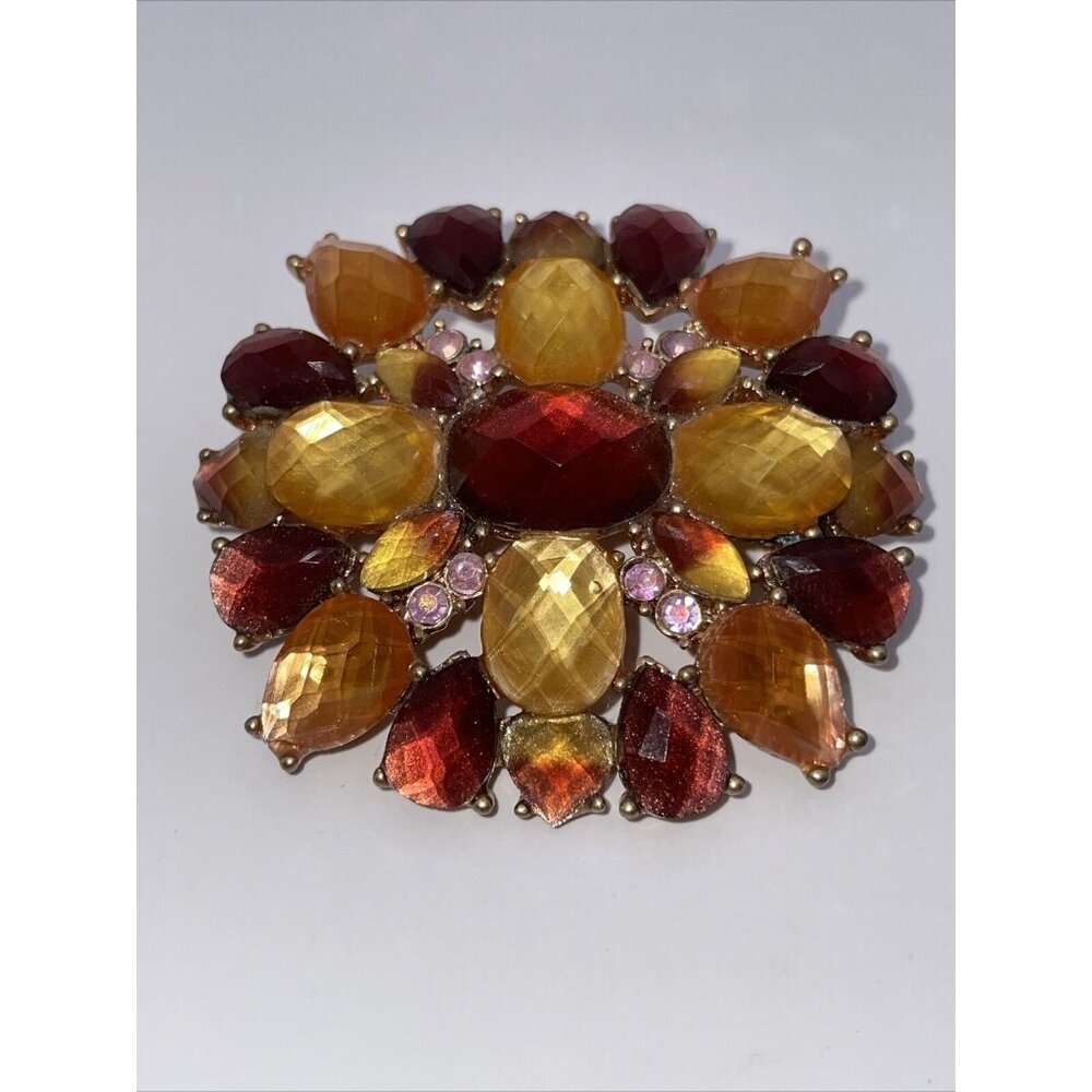 VTG Liz Claiborne Fall Colors Gold Tone Brooch Pin Faceted Rhinestones Glows!